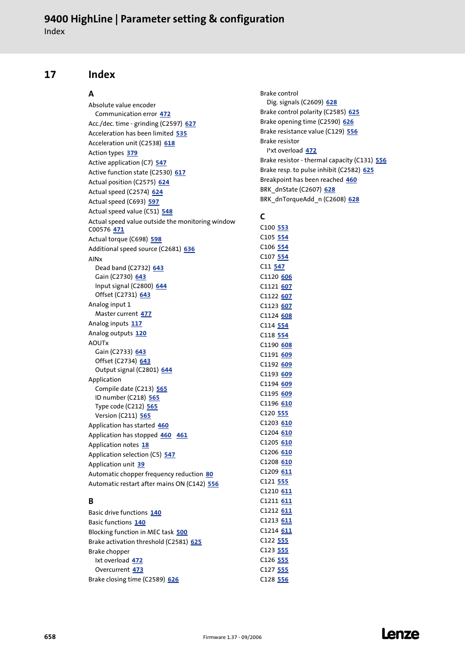 17 index, Index, 9400 highline | parameter setting & configuration | Lenze E94AxHE Servo Drives 9400 HighLine (Firmware 01-37) User Manual | Page 658 / 679
