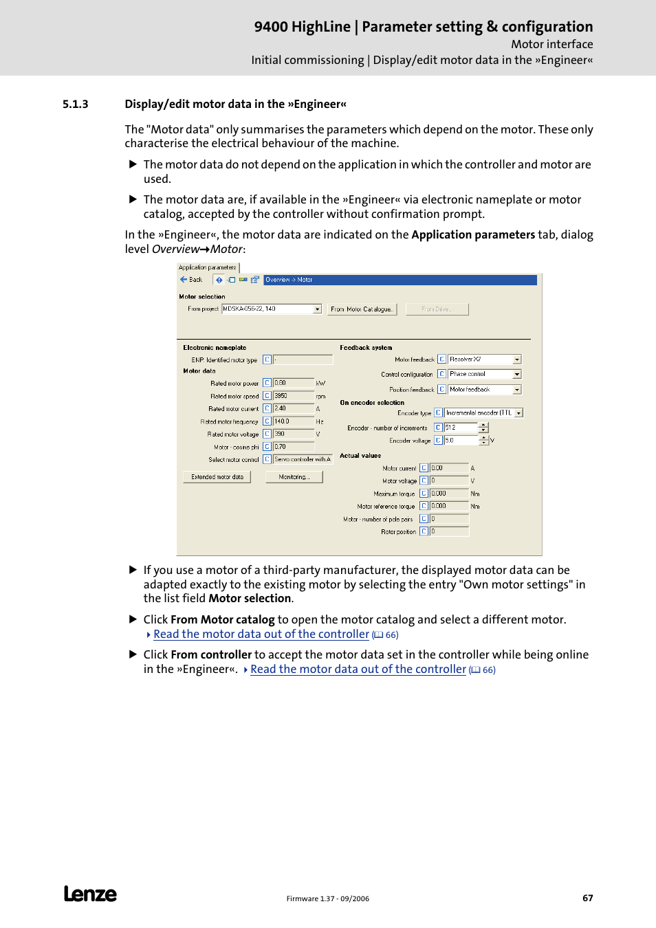 3 display/edit motor data in the »engineer, Display/edit motor data in the »engineer, C 67) | 9400 highline | parameter setting & configuration | Lenze E94AxHE Servo Drives 9400 HighLine (Firmware 01-37) User Manual | Page 67 / 679