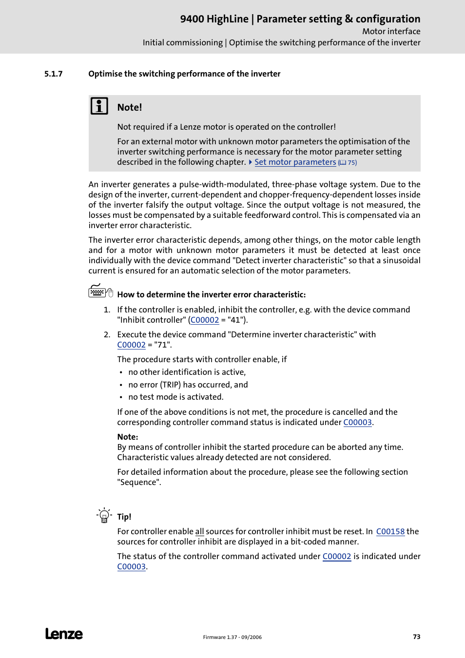 Optimise the switching performance of the inverter, C 73), Optimise the switching performance of | The inverter (c 73) | Lenze E94AxHE Servo Drives 9400 HighLine (Firmware 01-37) User Manual | Page 73 / 679