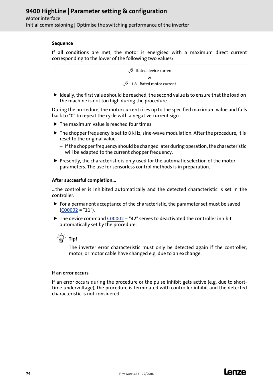 9400 highline | parameter setting & configuration | Lenze E94AxHE Servo Drives 9400 HighLine (Firmware 01-37) User Manual | Page 74 / 679