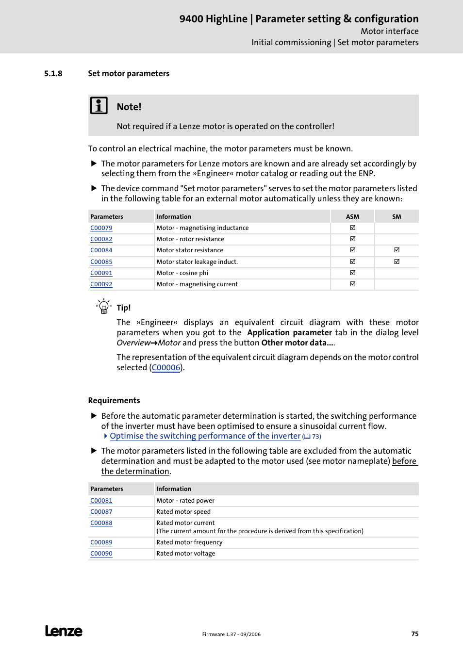 8 set motor parameters, Set motor parameters, C 75) | Set motor parameters (c 75), 9400 highline | parameter setting & configuration | Lenze E94AxHE Servo Drives 9400 HighLine (Firmware 01-37) User Manual | Page 75 / 679