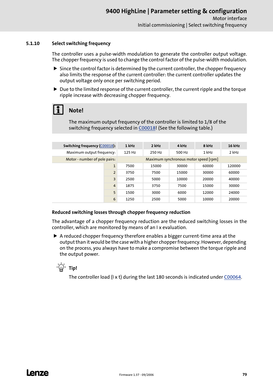 10 select switching frequency, Select switching frequency, C 79) | 9400 highline | parameter setting & configuration | Lenze E94AxHE Servo Drives 9400 HighLine (Firmware 01-37) User Manual | Page 79 / 679