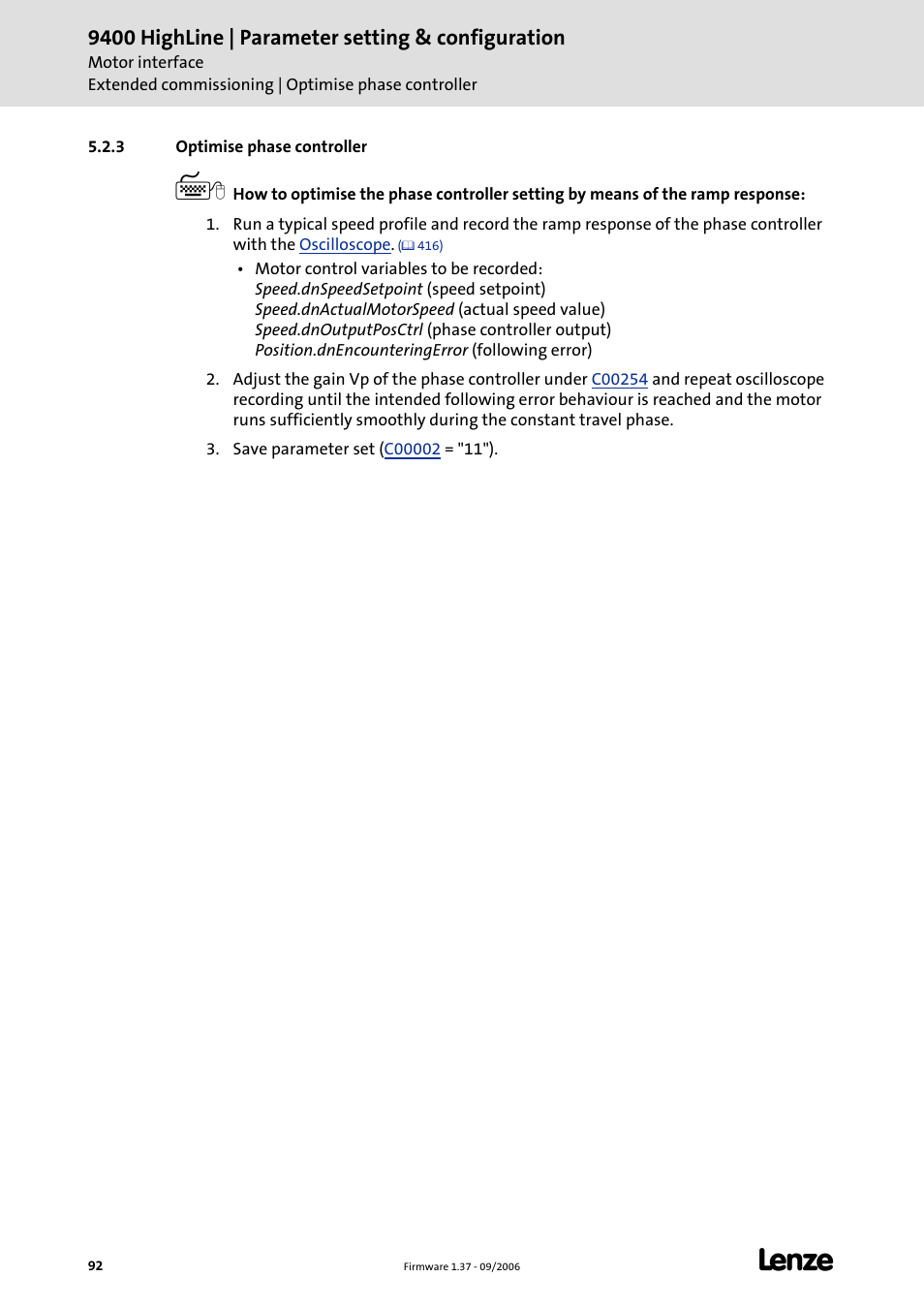 3 optimise phase controller, Optimise phase controller, C 92) | 9400 highline | parameter setting & configuration | Lenze E94AxHE Servo Drives 9400 HighLine (Firmware 01-37) User Manual | Page 92 / 679