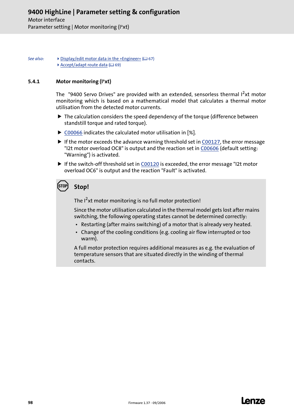 1 motor monitoring (i·xt), 1 motor monitoring (i²xt), 9400 highline | parameter setting & configuration | Lenze E94AxHE Servo Drives 9400 HighLine (Firmware 01-37) User Manual | Page 98 / 679