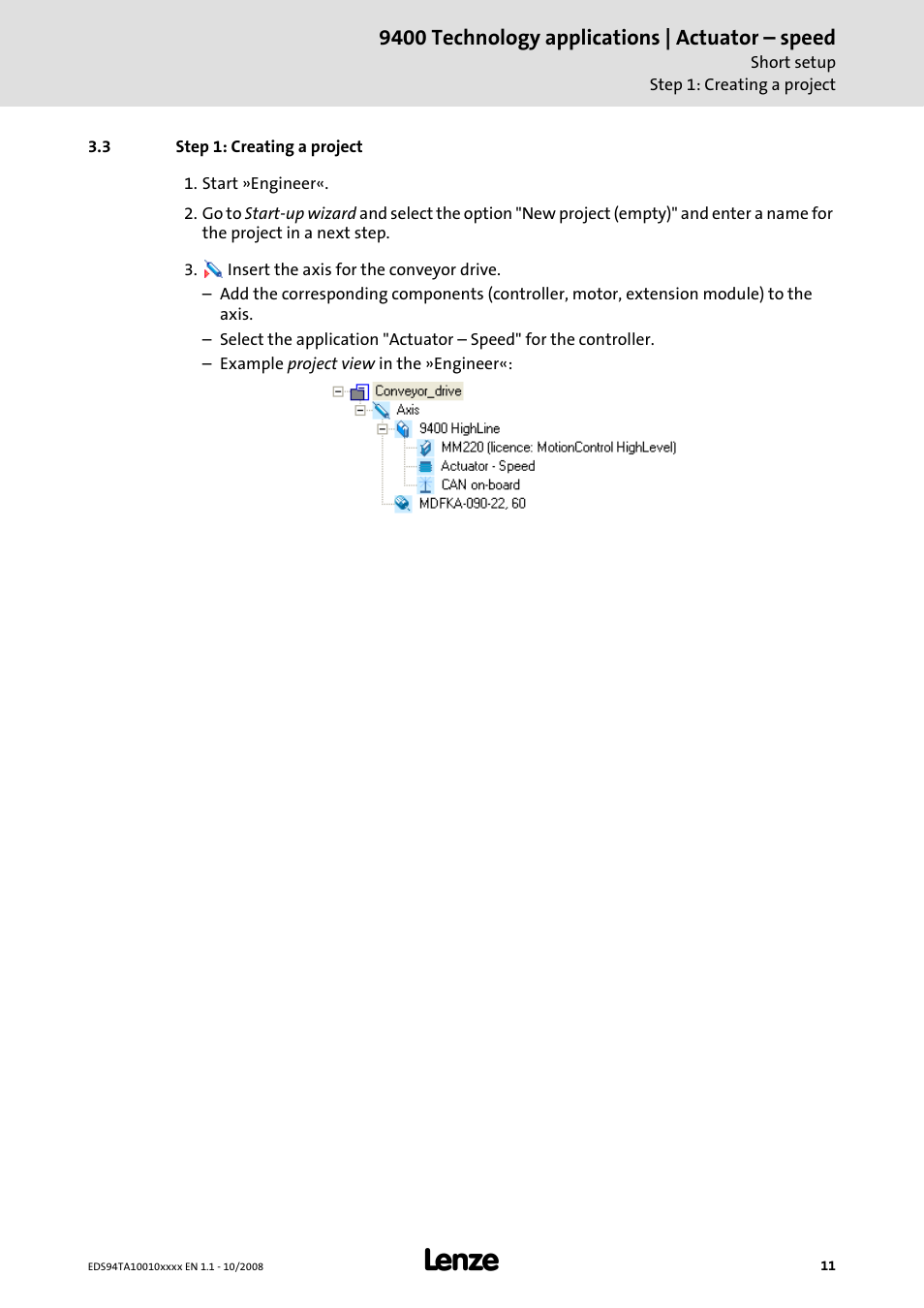 3 step 1: creating a project | Lenze E94AxHE Technology Application Actuating drive - Speed User Manual | Page 11 / 38