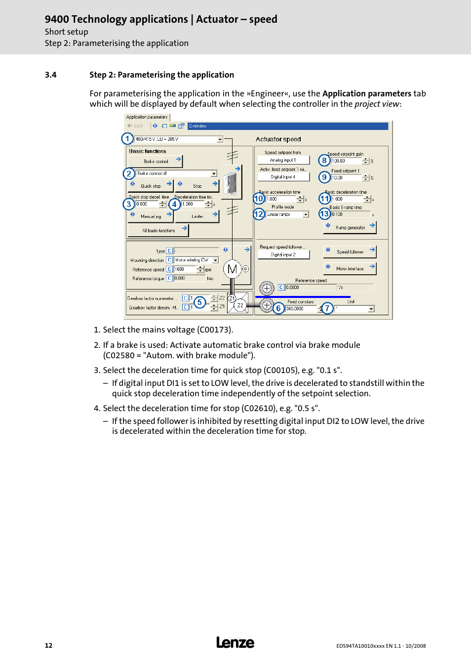 4 step 2: parameterising the application | Lenze E94AxHE Technology Application Actuating drive - Speed User Manual | Page 12 / 38