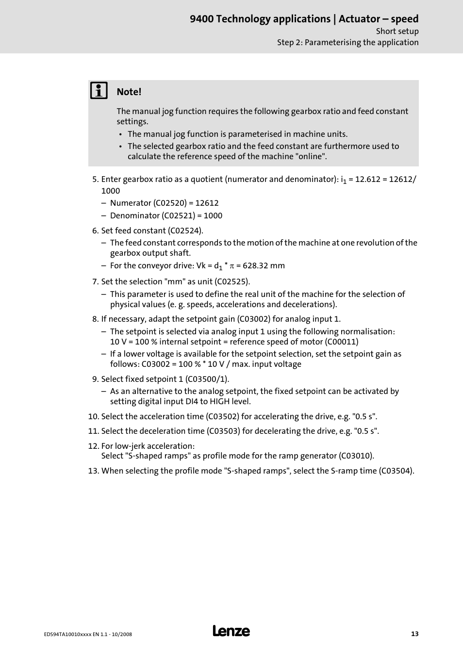9400 technology applications | actuator – speed | Lenze E94AxHE Technology Application Actuating drive - Speed User Manual | Page 13 / 38