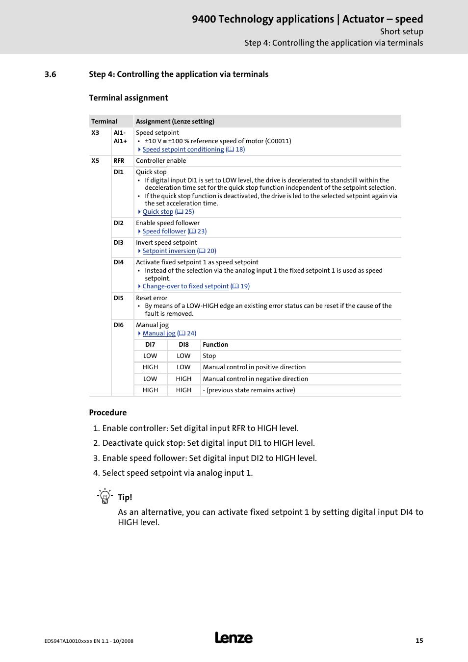 9400 technology applications | actuator – speed | Lenze E94AxHE Technology Application Actuating drive - Speed User Manual | Page 15 / 38