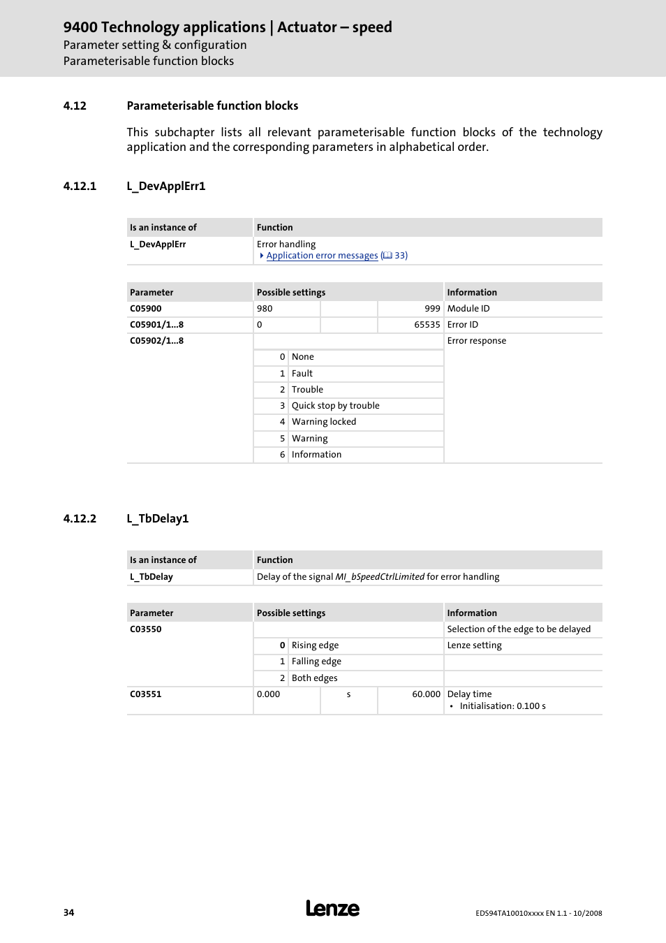 12 parameterisable function blocks, 1 l_devapplerr1, 2 l_tbdelay1 | 9400 technology applications | actuator – speed | Lenze E94AxHE Technology Application Actuating drive - Speed User Manual | Page 34 / 38