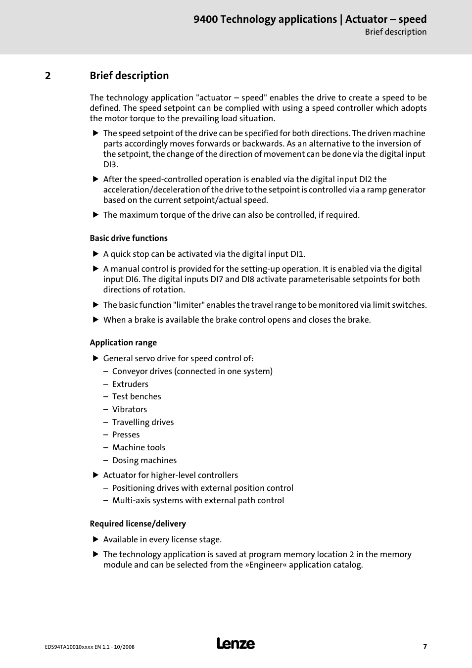 2 brief description, Brief description, 9400 technology applications | actuator – speed | 2brief description | Lenze E94AxHE Technology Application Actuating drive - Speed User Manual | Page 7 / 38