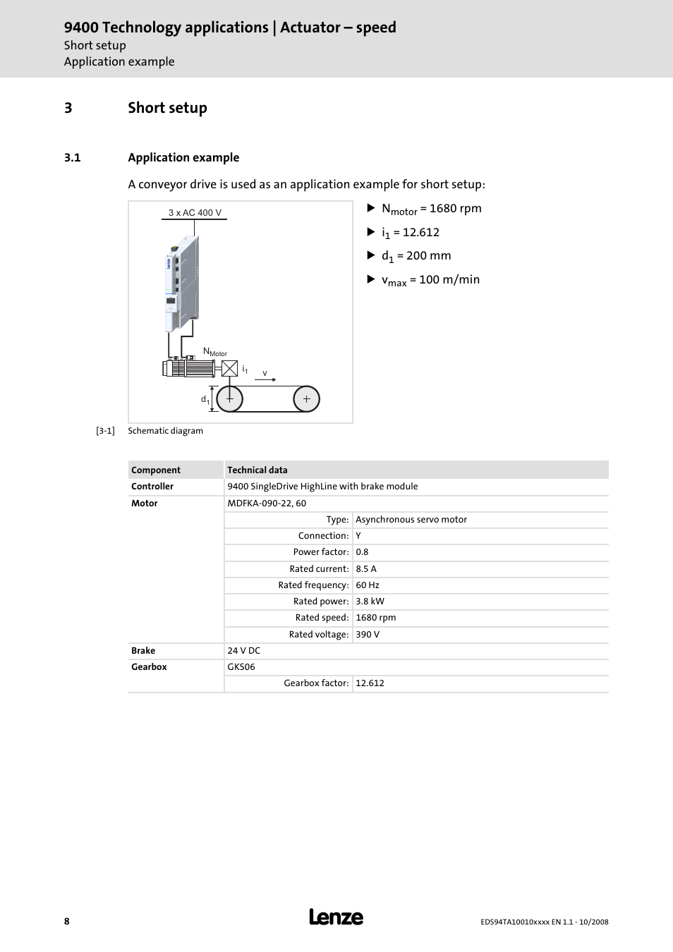 3 short setup, 1 application example, Short setup | 9400 technology applications | actuator – speed, 3short setup | Lenze E94AxHE Technology Application Actuating drive - Speed User Manual | Page 8 / 38