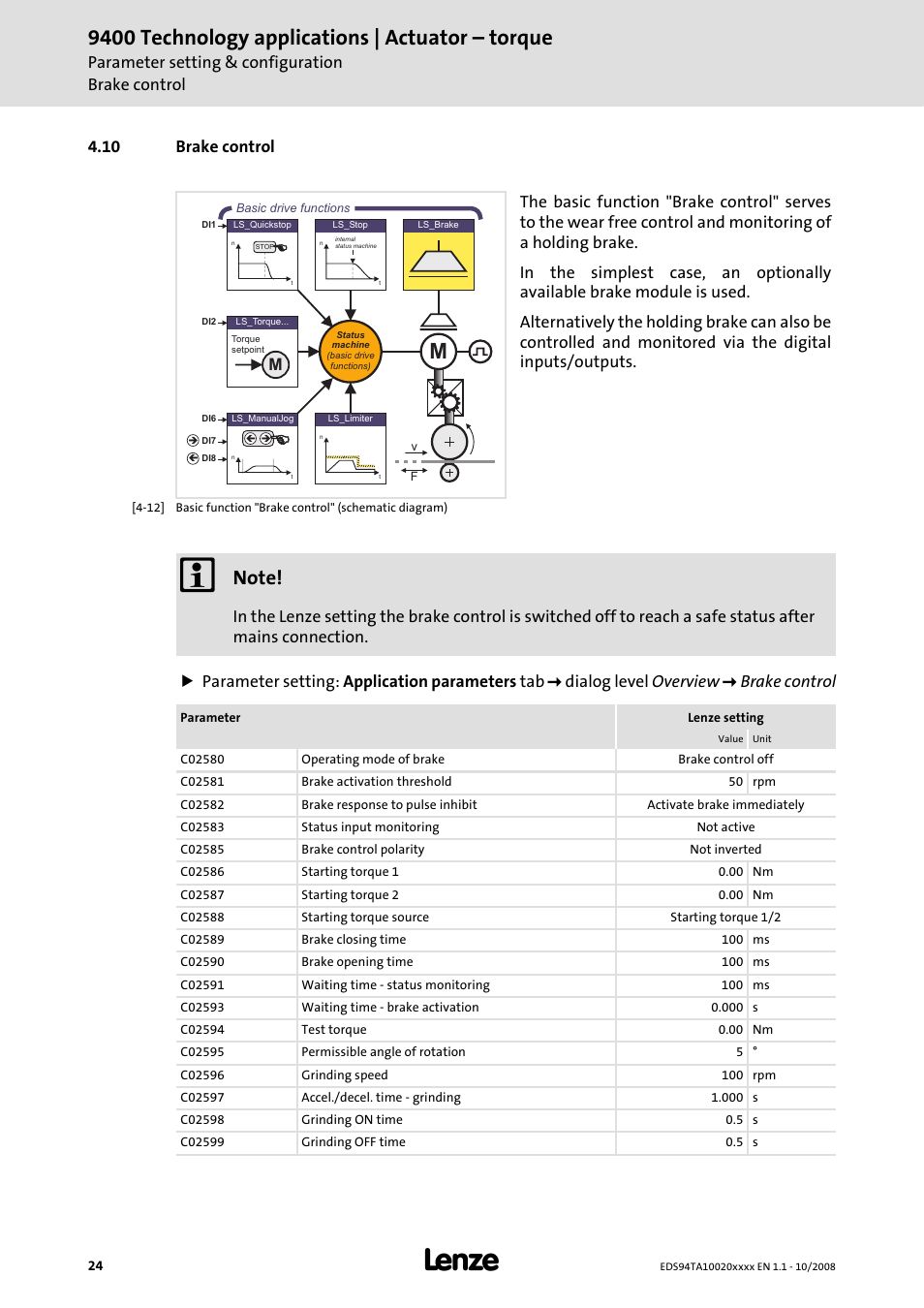 10 brake control, 9400 technology applications | actuator – torque, Parameter setting & configuration brake control | Lenze E94AxHE Technology Application Actuating drive - Torque User Manual | Page 24 / 34