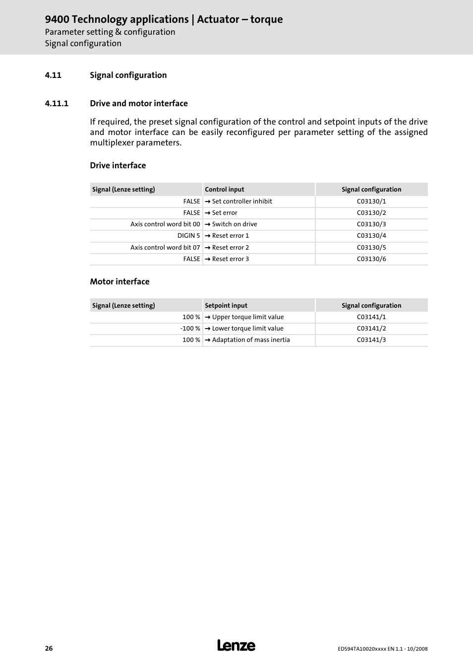 11 signal configuration, 1 drive and motor interface, 9400 technology applications | actuator – torque | Lenze E94AxHE Technology Application Actuating drive - Torque User Manual | Page 26 / 34