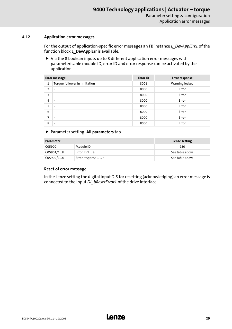 12 application error messages, 9400 technology applications | actuator – torque | Lenze E94AxHE Technology Application Actuating drive - Torque User Manual | Page 29 / 34