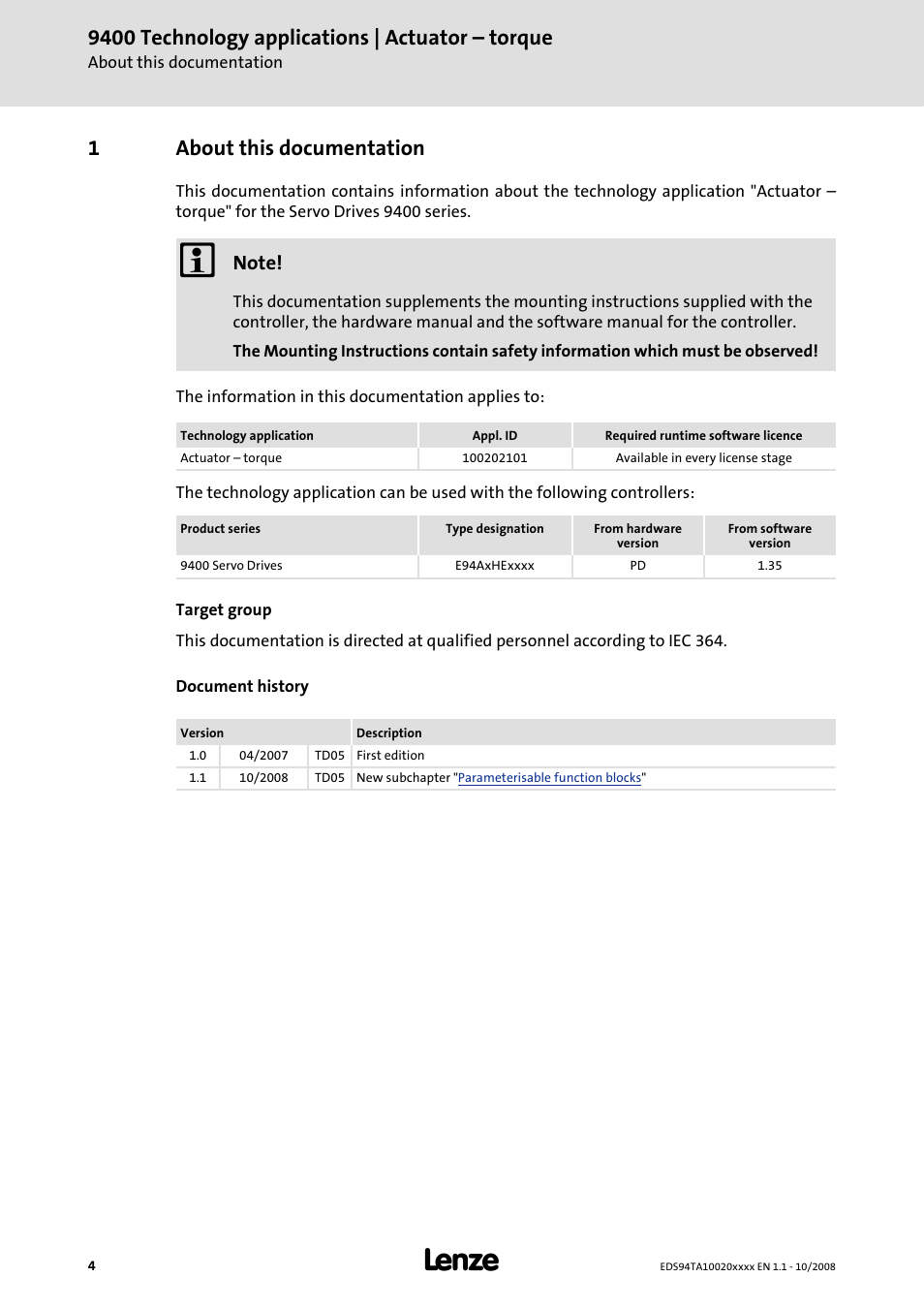 1 about this documentation, About this documentation, 9400 technology applications | actuator – torque | 1about this documentation | Lenze E94AxHE Technology Application Actuating drive - Torque User Manual | Page 4 / 34