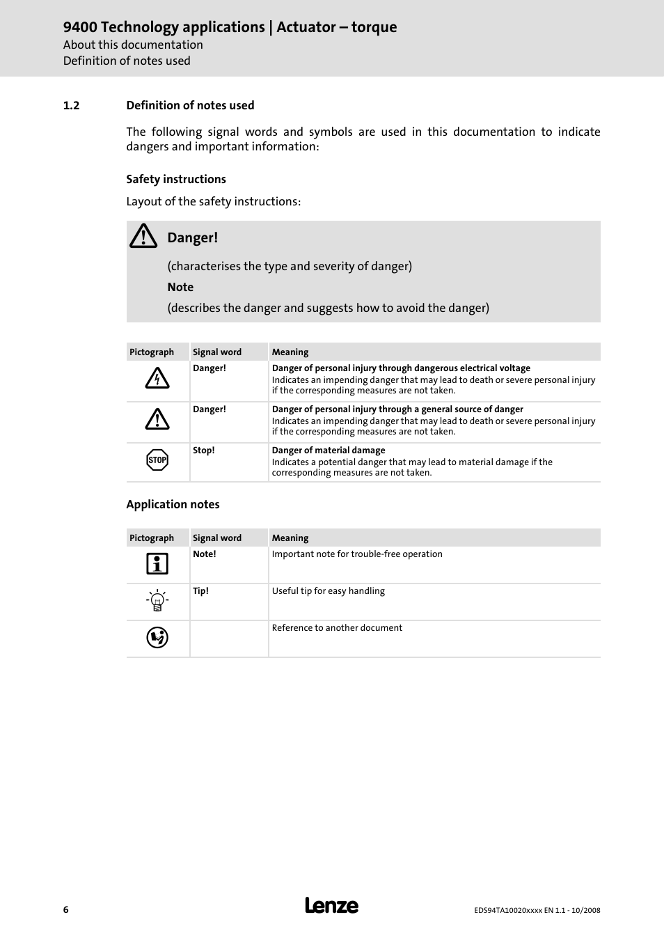 2 definition of notes used, 9400 technology applications | actuator – torque | Lenze E94AxHE Technology Application Actuating drive - Torque User Manual | Page 6 / 34