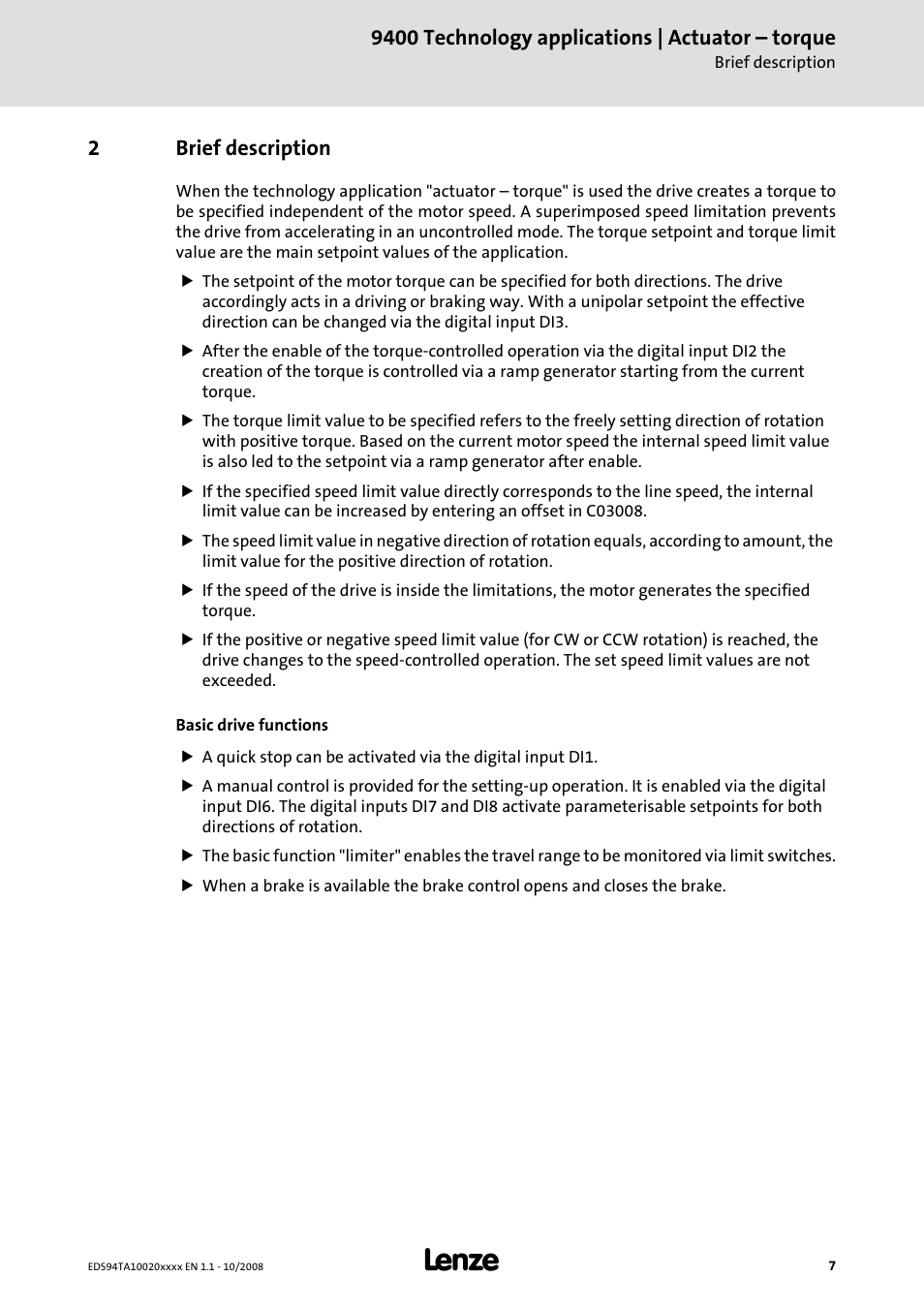 2 brief description, Brief description, 9400 technology applications | actuator – torque | 2brief description | Lenze E94AxHE Technology Application Actuating drive - Torque User Manual | Page 7 / 34