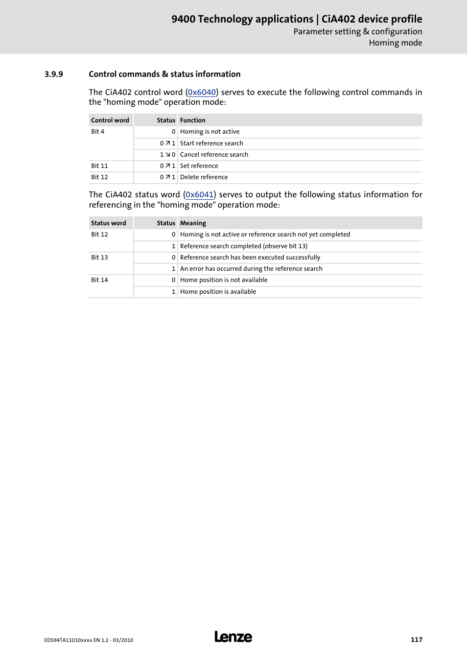 9 control commands & status information, Control commands & status information | Lenze E94AxHE Technology Application CiA402 Device profile User Manual | Page 117 / 232