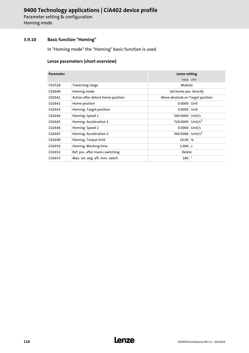 10 basic function "homing, Basic function "homing | Lenze E94AxHE Technology Application CiA402 Device profile User Manual | Page 118 / 232