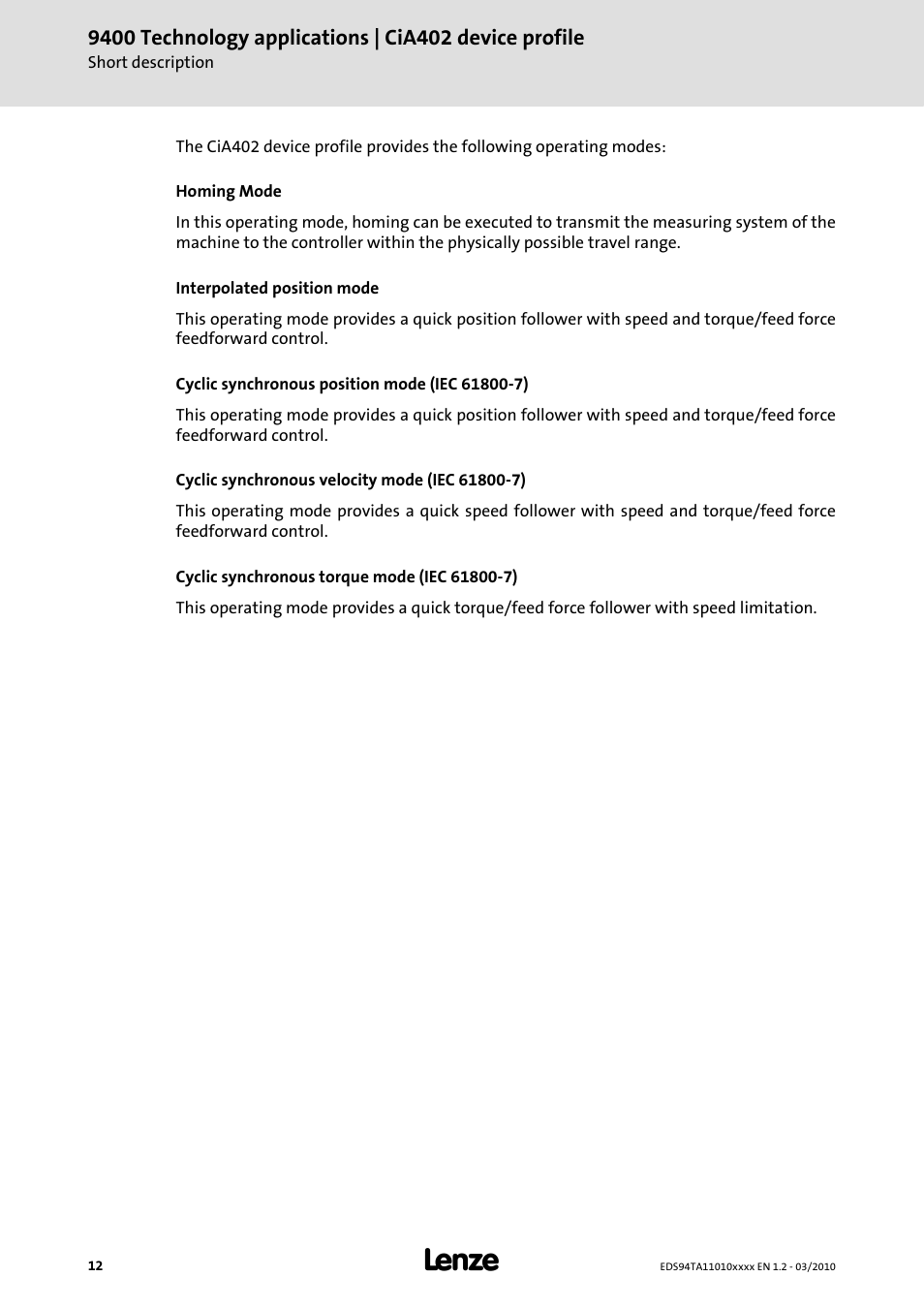 Lenze E94AxHE Technology Application CiA402 Device profile User Manual | Page 12 / 232