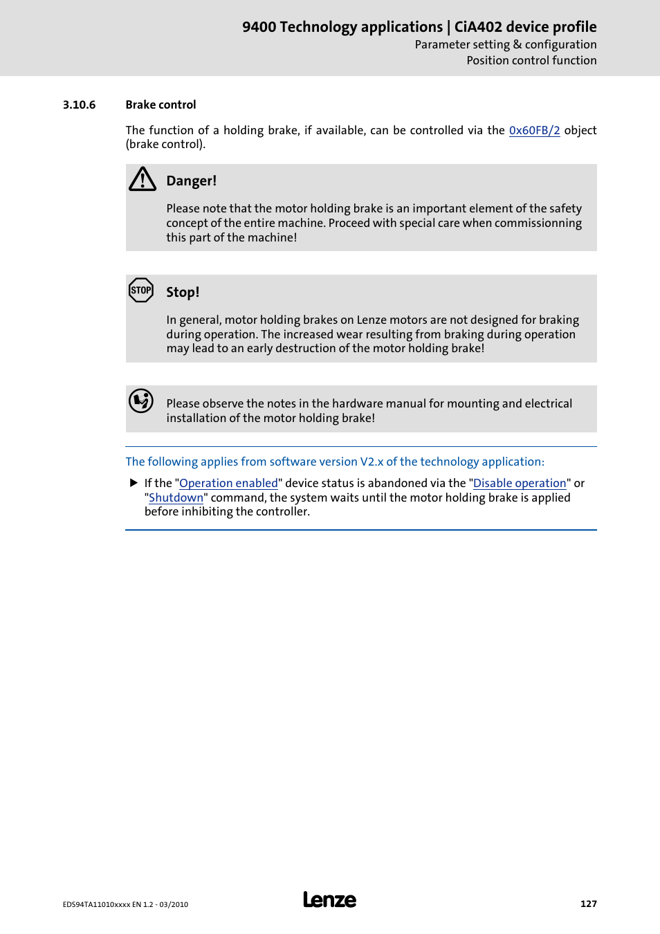 6 brake control, Brake control | Lenze E94AxHE Technology Application CiA402 Device profile User Manual | Page 127 / 232