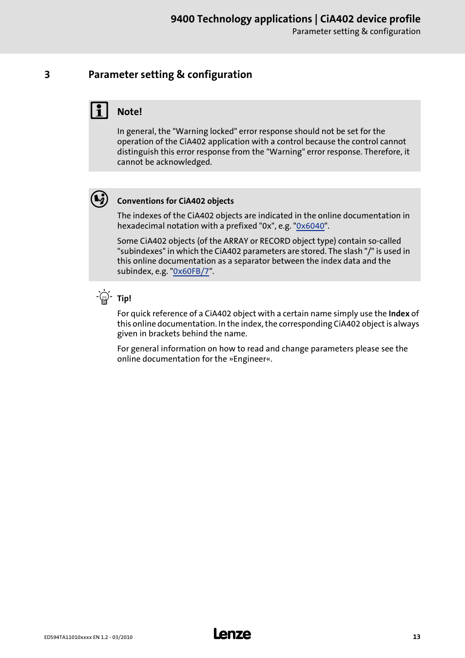 3 parameter setting & configuration, Parameter setting & configuration | Lenze E94AxHE Technology Application CiA402 Device profile User Manual | Page 13 / 232