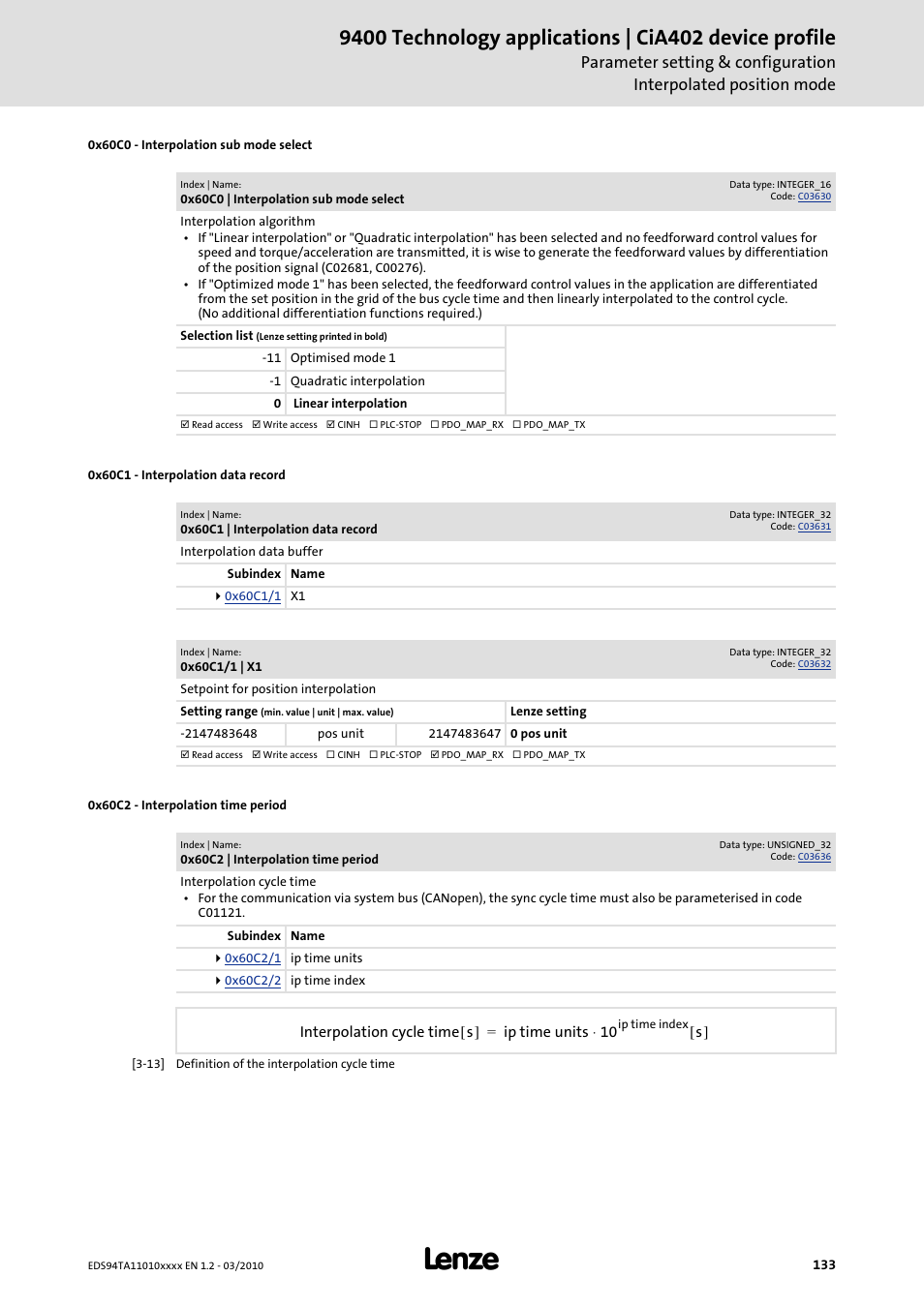 0x60c0, 0x60c1, 0x60c2 | 0x60c1/1, Interpolation | Lenze E94AxHE Technology Application CiA402 Device profile User Manual | Page 133 / 232