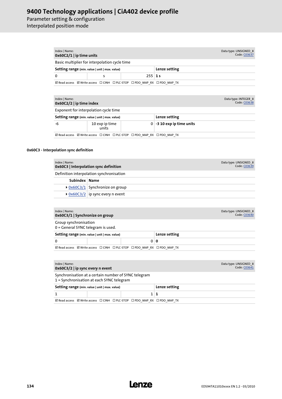 0x60c3, 0x60c2/1, 0x60c2/2 | Lenze E94AxHE Technology Application CiA402 Device profile User Manual | Page 134 / 232