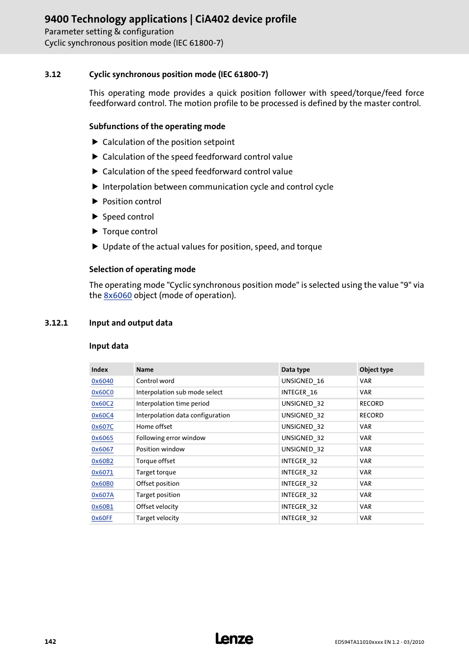 12 cyclic synchronous position mode (iec 61800-7), 1 input and output data, Cyclic synchronous position mode (iec 61800-7) | Input and output data, Cyclic synchronous position mode | Lenze E94AxHE Technology Application CiA402 Device profile User Manual | Page 142 / 232