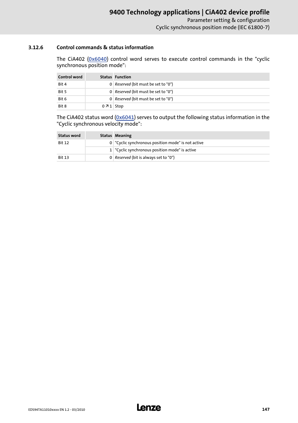 6 control commands & status information, Control commands & status information | Lenze E94AxHE Technology Application CiA402 Device profile User Manual | Page 147 / 232