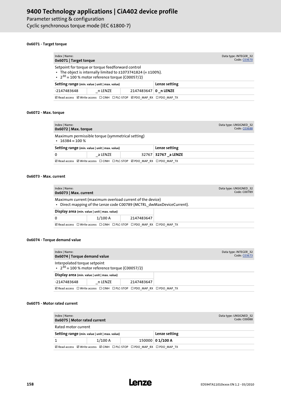 0x6071, 0x6072, 0x6073 | 0x6074, 0x6075, Object (target | Lenze E94AxHE Technology Application CiA402 Device profile User Manual | Page 158 / 232