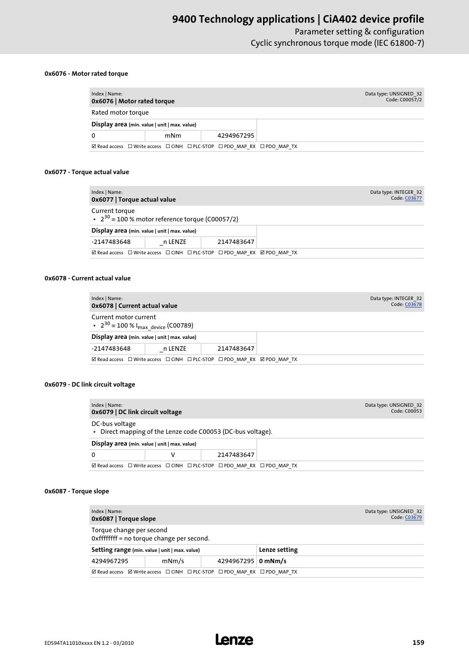 0x6076, 0x6077, 0x6078 | 0x6079, 0x6087 | Lenze E94AxHE Technology Application CiA402 Device profile User Manual | Page 159 / 232