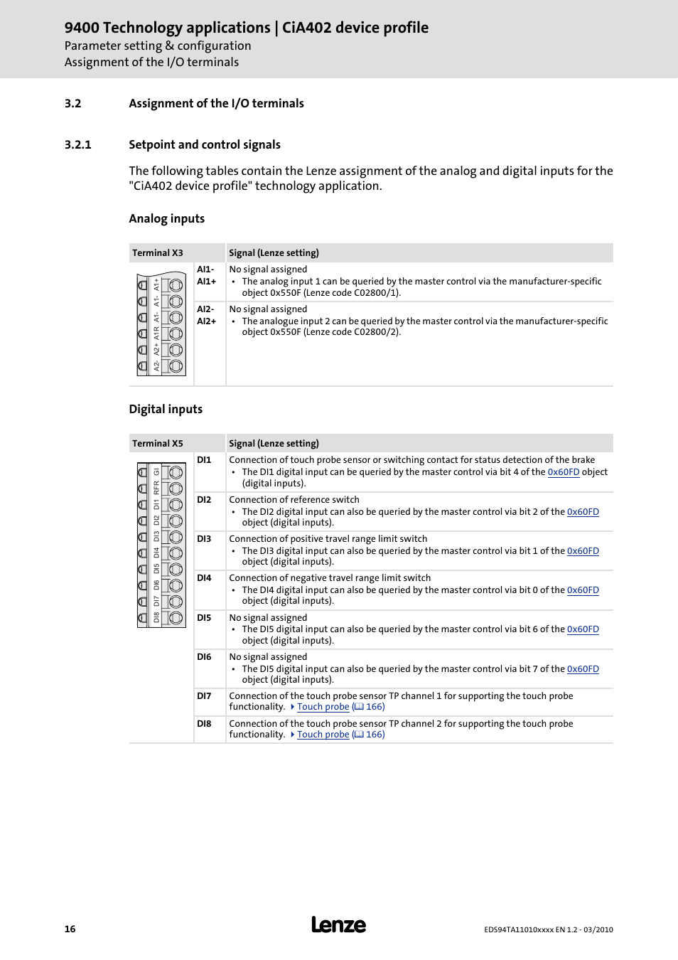 2 assignment of the i/o terminals, 1 setpoint and control signals, Assignment of the i/o terminals | Setpoint and control signals | Lenze E94AxHE Technology Application CiA402 Device profile User Manual | Page 16 / 232