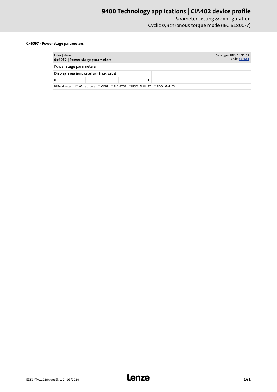 0x60f7 | Lenze E94AxHE Technology Application CiA402 Device profile User Manual | Page 161 / 232