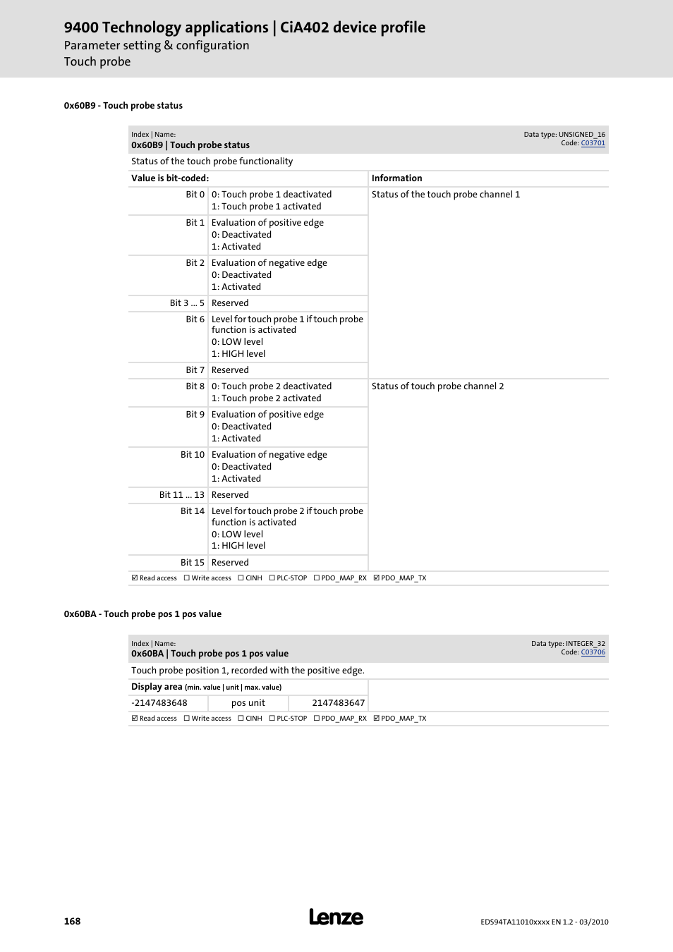 0x60b9, 0x60ba, Parameter setting & configuration touch probe | Lenze E94AxHE Technology Application CiA402 Device profile User Manual | Page 168 / 232