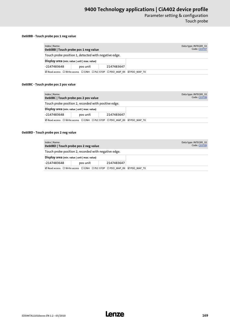 0x60bb, 0x60bc, 0x60bd | Parameter setting & configuration touch probe | Lenze E94AxHE Technology Application CiA402 Device profile User Manual | Page 169 / 232