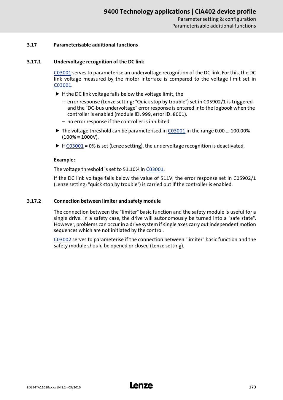 17 parameterisable additional functions, 1 undervoltage recognition of the dc link, 2 connection between limiter and safety module | Parameterisable additional functions, Undervoltage recognition of the dc link, Connection between limiter and safety module | Lenze E94AxHE Technology Application CiA402 Device profile User Manual | Page 173 / 232