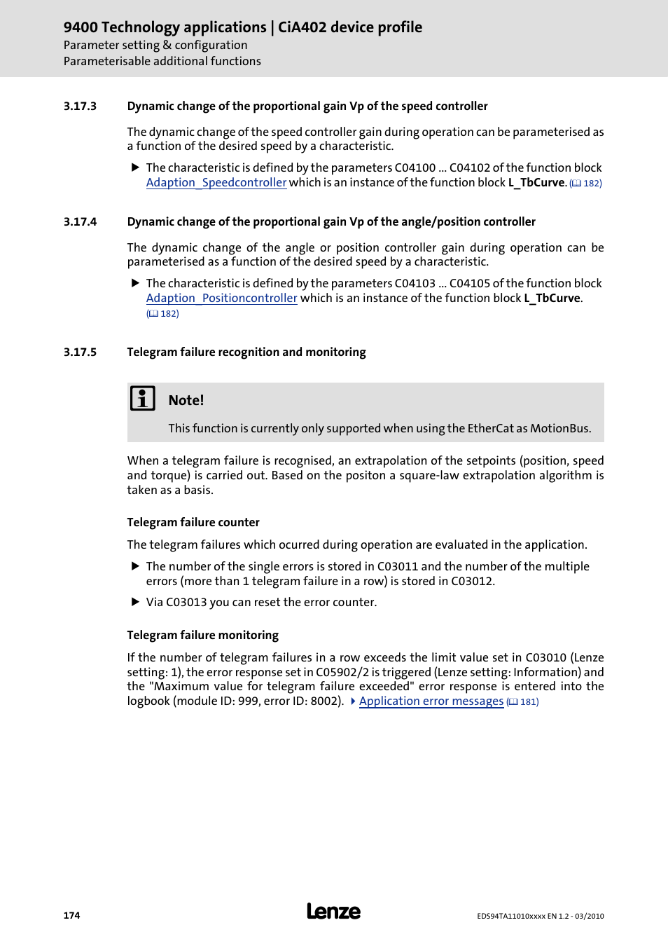 5 telegram failure recognition and monitoring, Telegram failure recognition and monitoring | Lenze E94AxHE Technology Application CiA402 Device profile User Manual | Page 174 / 232