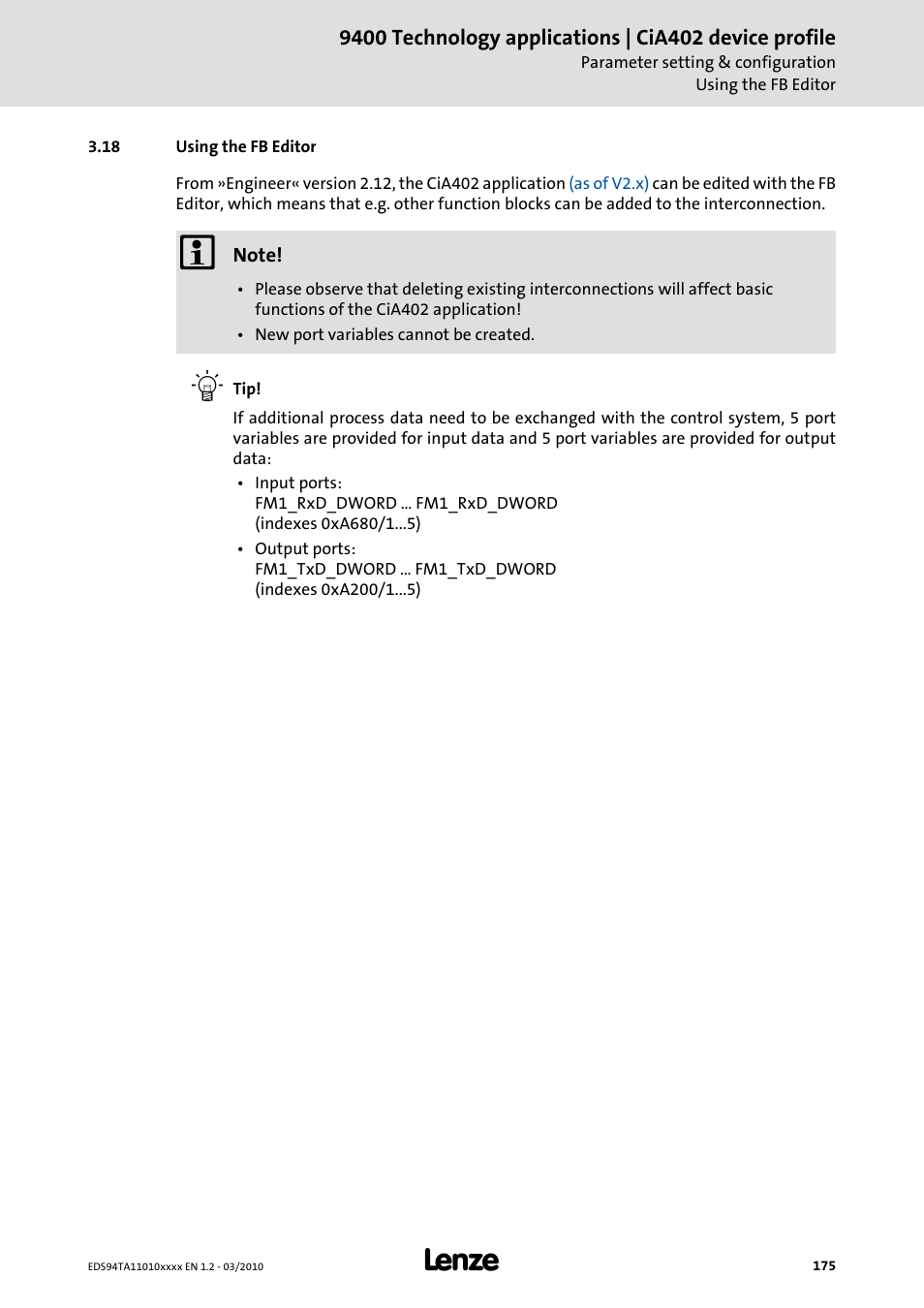 18 using the fb editor, Using the fb editor | Lenze E94AxHE Technology Application CiA402 Device profile User Manual | Page 175 / 232