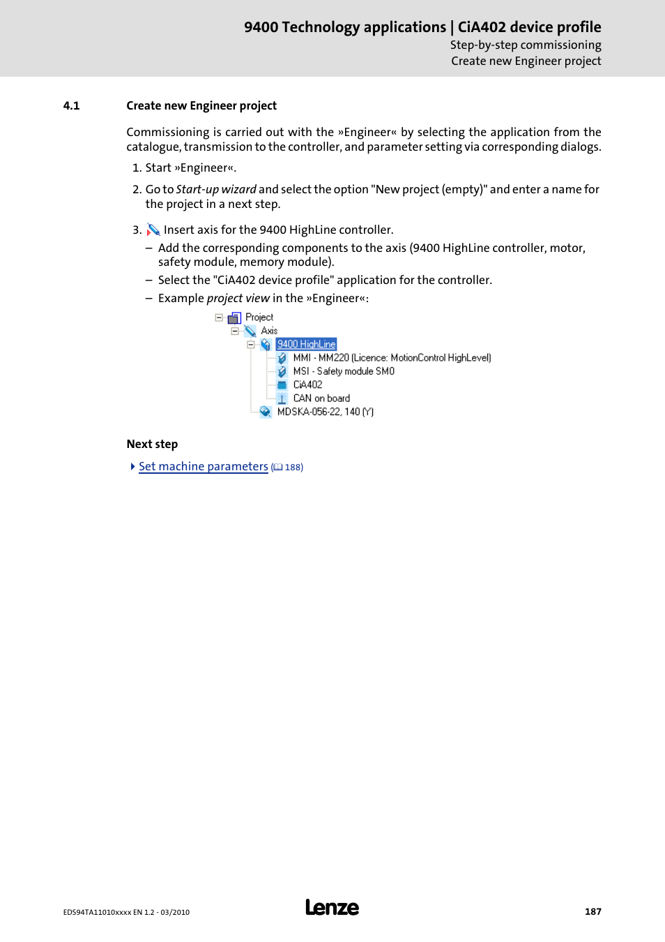 1 create new engineer project, Create new engineer project | Lenze E94AxHE Technology Application CiA402 Device profile User Manual | Page 187 / 232