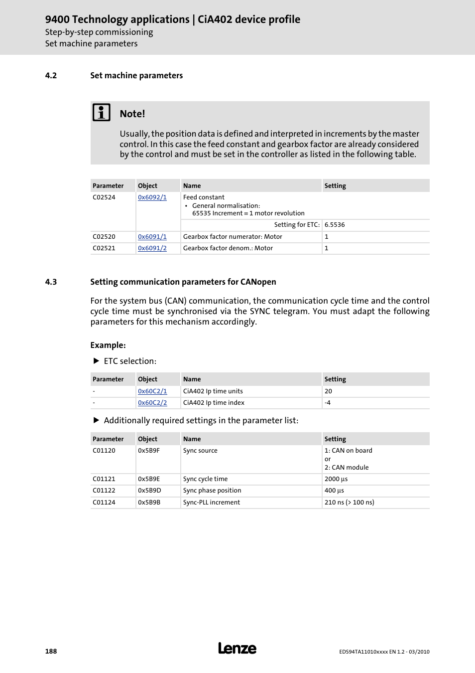 2 set machine parameters, 3 setting communication parameters for canopen, Set machine parameters | Setting communication parameters for canopen | Lenze E94AxHE Technology Application CiA402 Device profile User Manual | Page 188 / 232