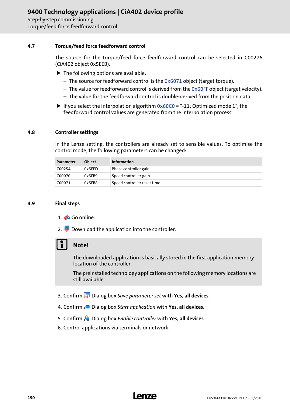 7 torque/feed force feedforward control, 8 controller settings, 9 final steps | Torque/feed force feedforward control, Controller settings, Final steps | Lenze E94AxHE Technology Application CiA402 Device profile User Manual | Page 190 / 232