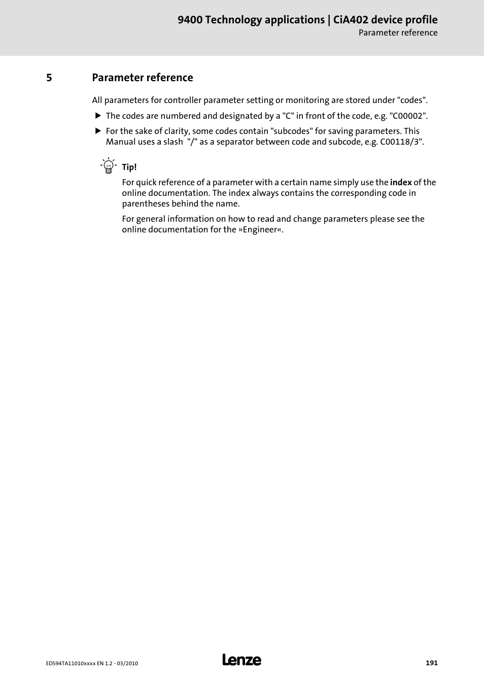 5 parameter reference, Parameter reference | Lenze E94AxHE Technology Application CiA402 Device profile User Manual | Page 191 / 232