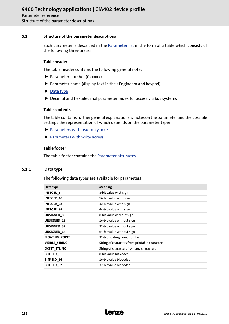 1 structure of the parameter descriptions, 1 data type, Structure of the parameter descriptions | Data type | Lenze E94AxHE Technology Application CiA402 Device profile User Manual | Page 192 / 232