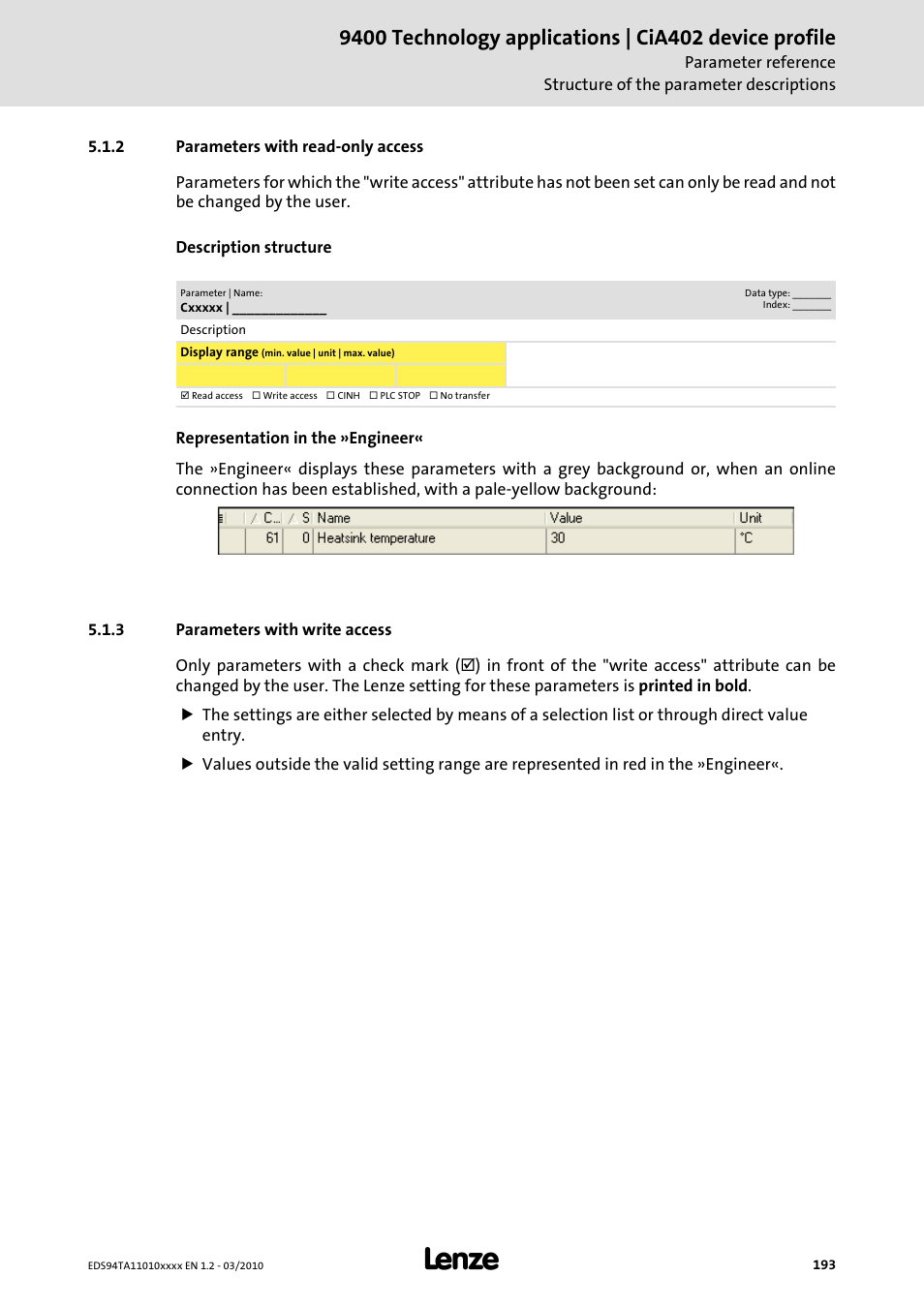 2 parameters with read-only access, 3 parameters with write access, Parameters with read-only access | Parameters with write access | Lenze E94AxHE Technology Application CiA402 Device profile User Manual | Page 193 / 232