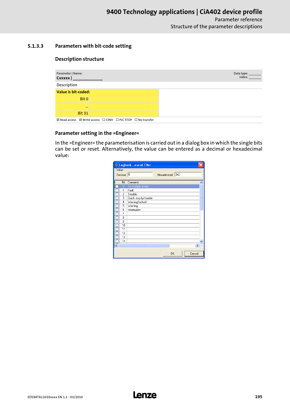 3 parameters with bit-code setting, Parameters with bit-code setting | Lenze E94AxHE Technology Application CiA402 Device profile User Manual | Page 195 / 232