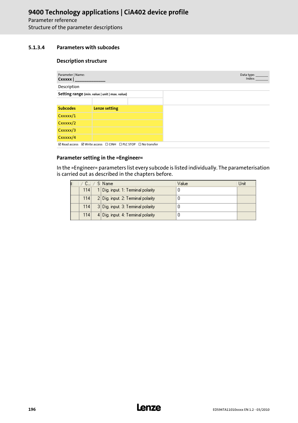 4 parameters with subcodes, Parameters with subcodes | Lenze E94AxHE Technology Application CiA402 Device profile User Manual | Page 196 / 232