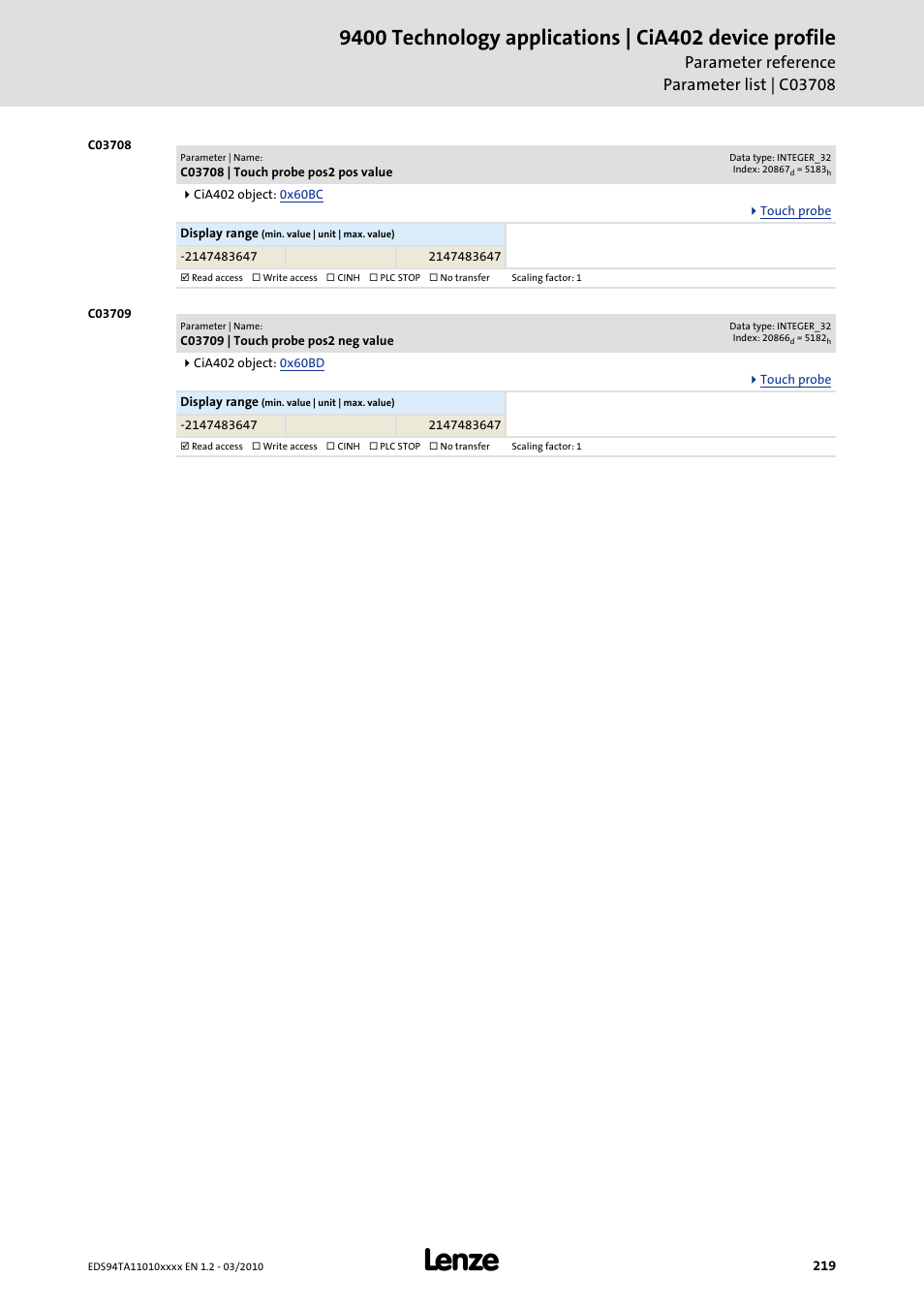 C03708 | touch probe pos2 pos value, C03709 | touch probe pos2 neg value, Code | C03708, C03709 | Lenze E94AxHE Technology Application CiA402 Device profile User Manual | Page 219 / 232