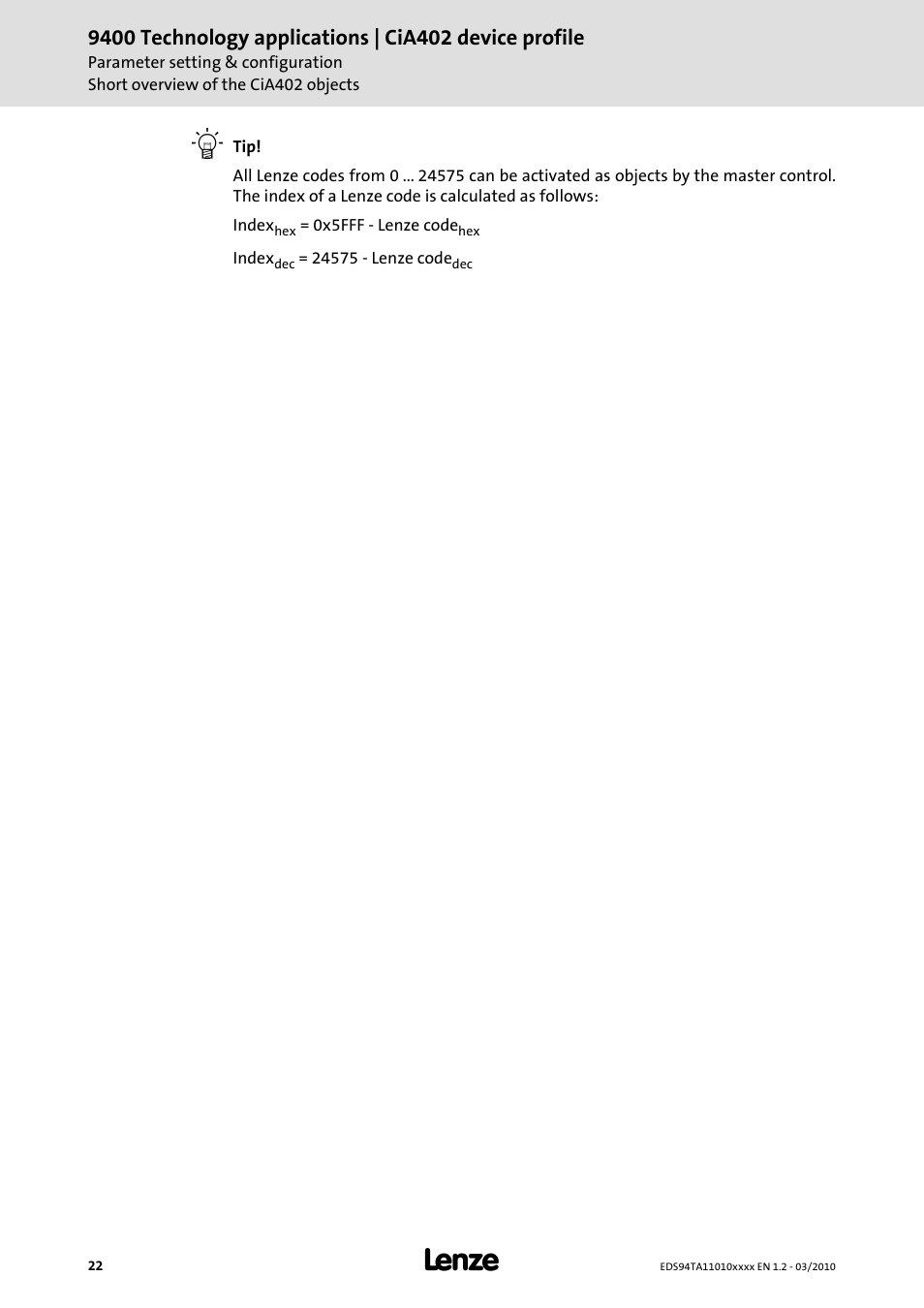 Lenze E94AxHE Technology Application CiA402 Device profile User Manual | Page 22 / 232