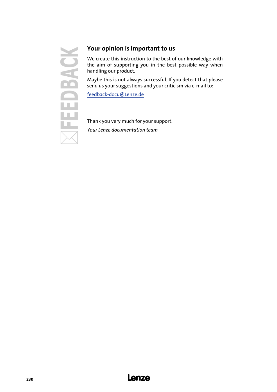 Your opinion is important to us | Lenze E94AxHE Technology Application CiA402 Device profile User Manual | Page 230 / 232